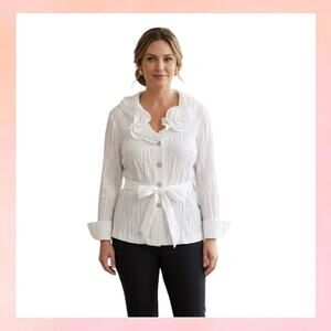 Cathaya White Textured Rose Ruffle Jacket Rhinestone Button NWT 16